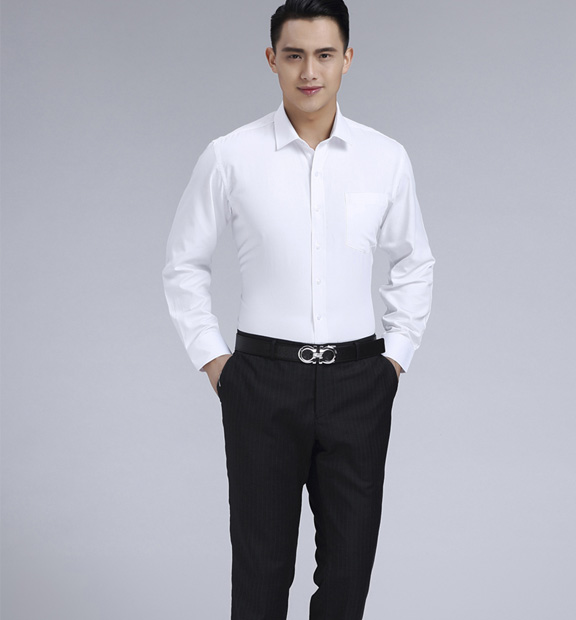 白色男款滌棉翻領長袖修身襯衫-0501#