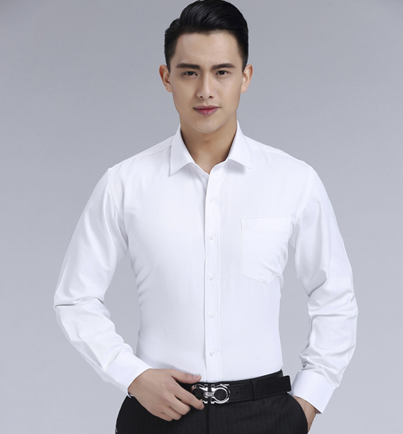 白色男款滌棉翻領長袖修身襯衫-0501#