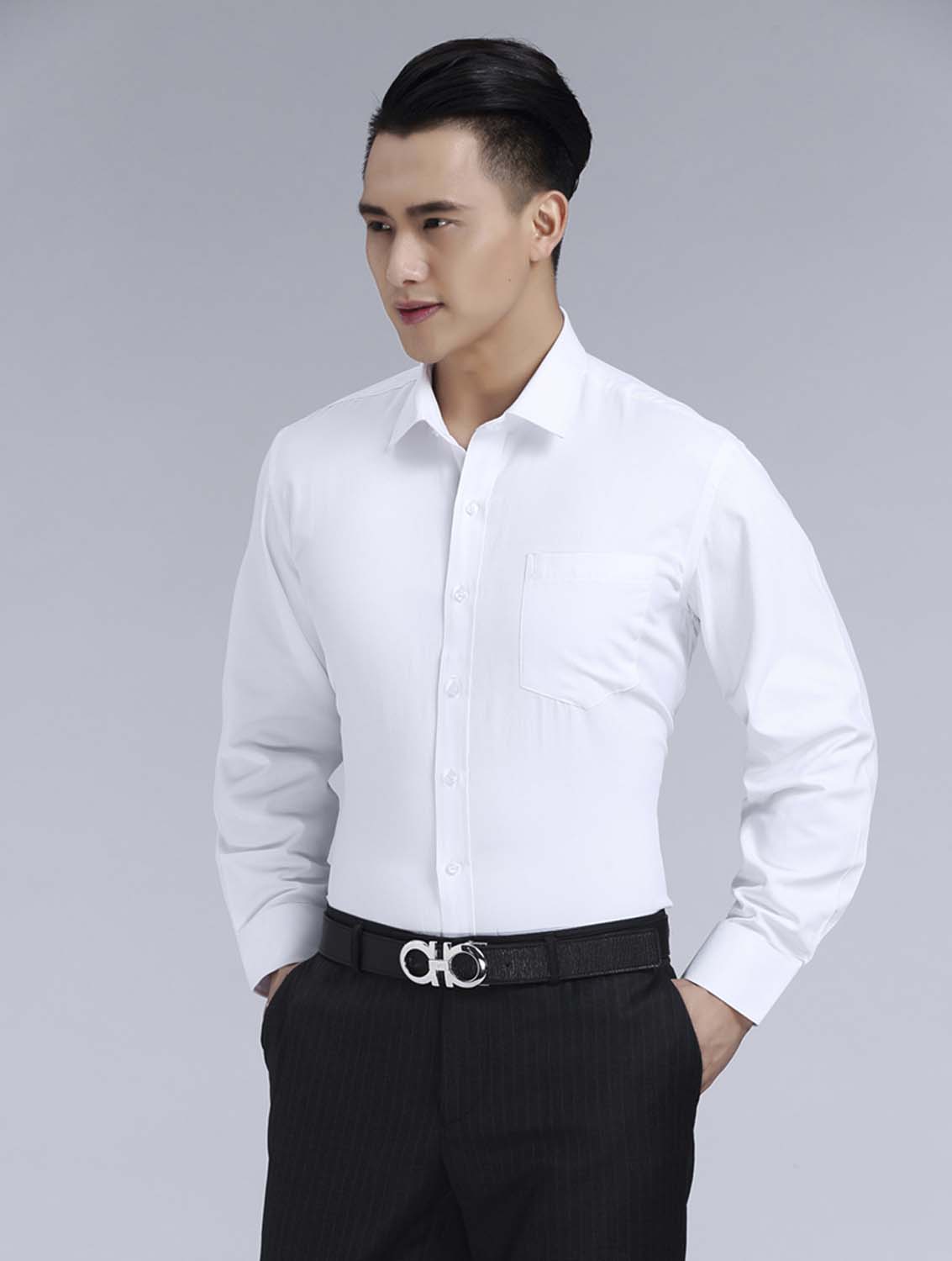 白色男款滌棉翻領長袖修身襯衫-0501#