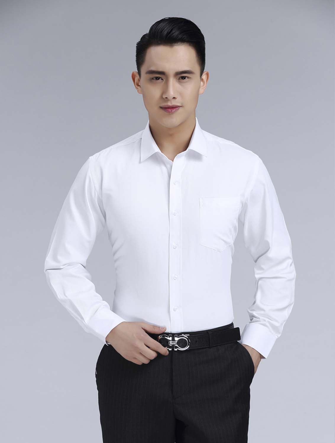 白色男款滌棉翻領長袖修身襯衫-0501#