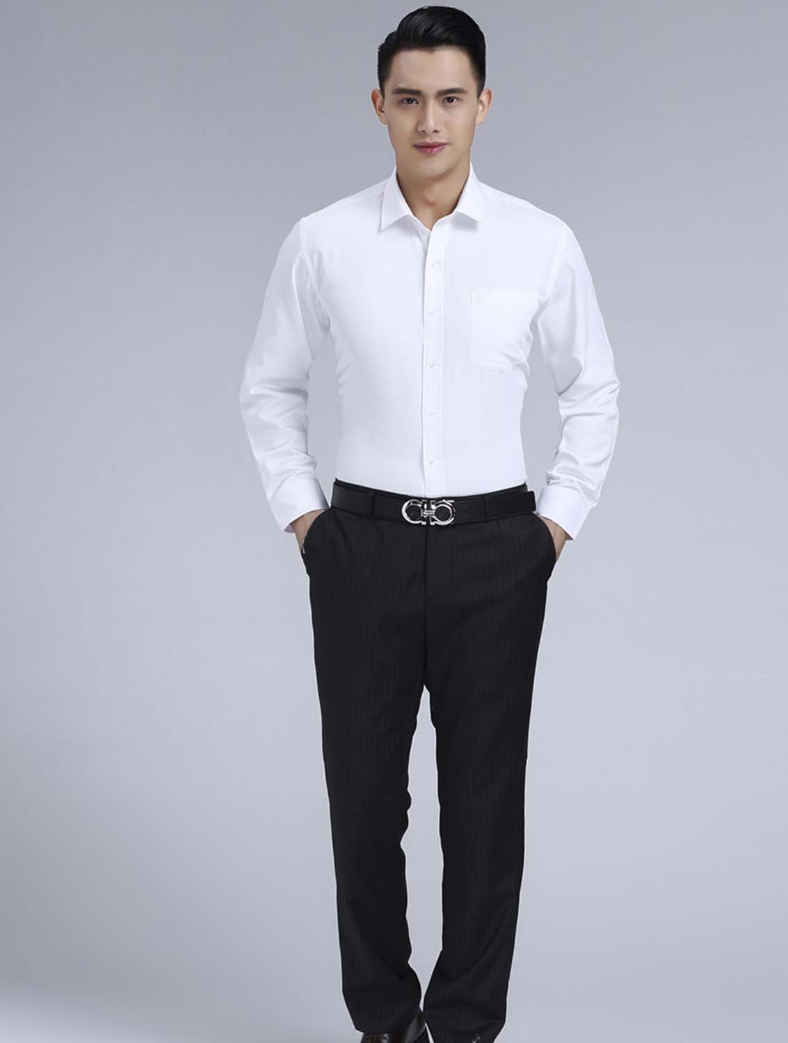 白色男款滌棉翻領長袖修身襯衫-0501#
