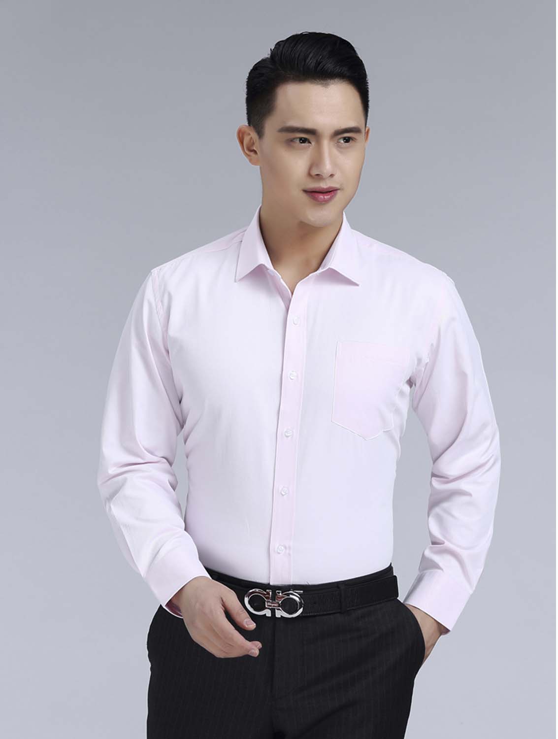 粉色斜紋男款滌棉翻領(lǐng)長袖修身襯衫-1382#