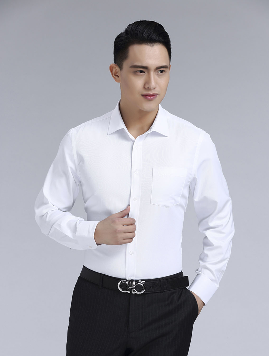 白色男款滌棉翻領(lǐng)長袖修身襯衫-3016-1#