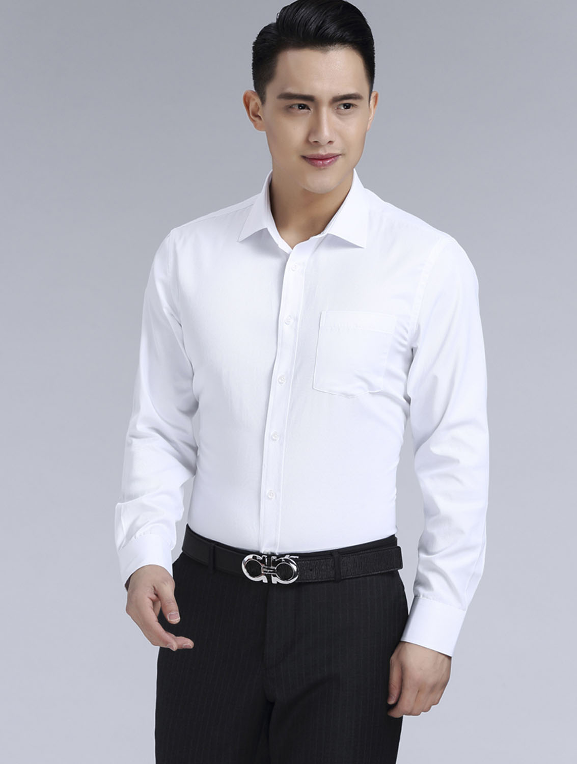 白色男款滌棉翻領(lǐng)長袖修身襯衫-3016-1#