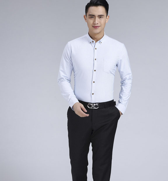 藍(lán)色條紋男款牛津紡翻領(lǐng)長(zhǎng)袖修身襯衫-59175#