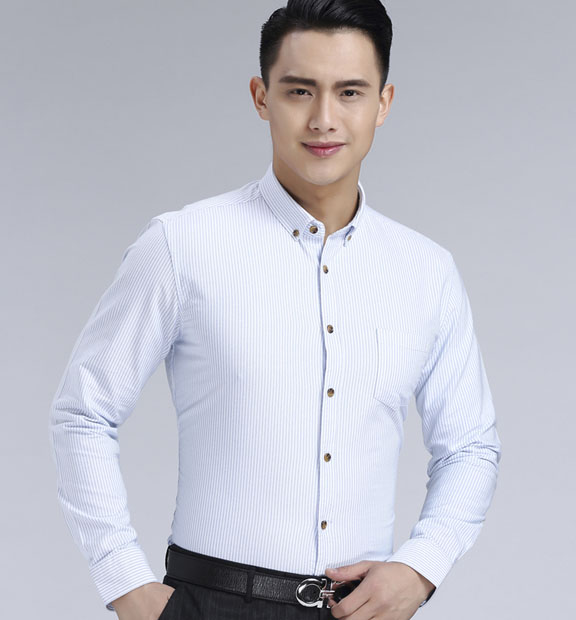 藍(lán)色條紋男款牛津紡翻領(lǐng)長(zhǎng)袖修身襯衫-59175#