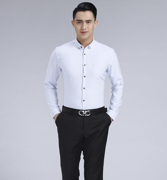 藍(lán)色條紋男款牛津紡翻領(lǐng)長(zhǎng)袖修身襯衫-59175#
