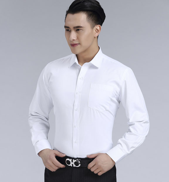 白色男款滌棉翻領(lǐng)長袖修身襯衫-TR0201#