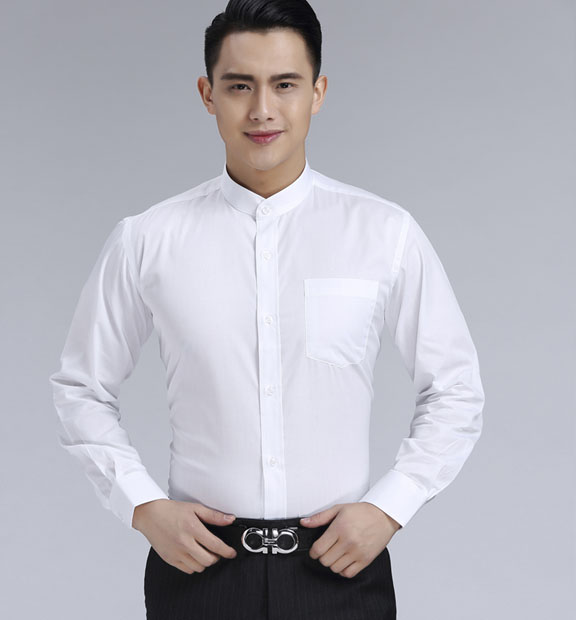 白色男款滌棉立領(lǐng)長袖修身襯衫-BL0071#
