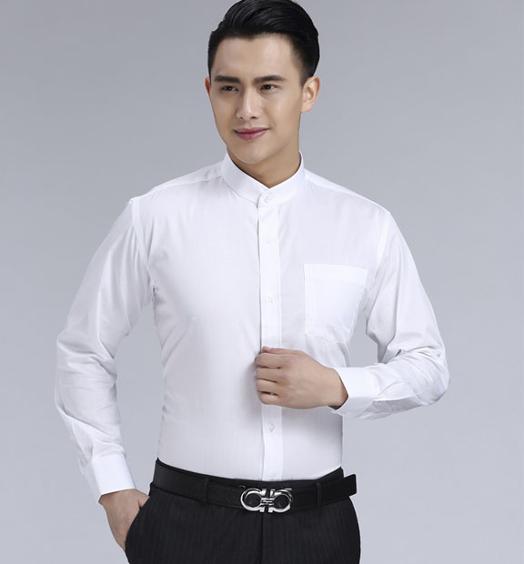 白色男款滌棉立領(lǐng)長袖修身襯衫-BL0071#