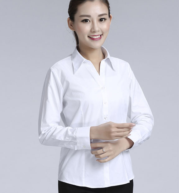 白色女款滌棉翻領(lǐng)長袖修身襯衫-0501#