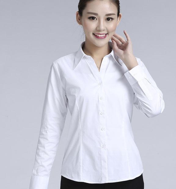 白色女款滌棉翻領(lǐng)長袖修身襯衫-0501#