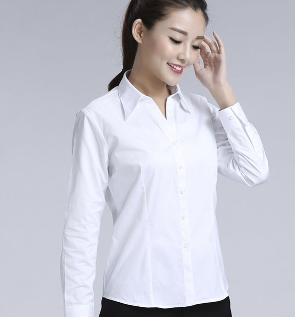 白色女款滌棉翻領(lǐng)長袖修身襯衫-0501#