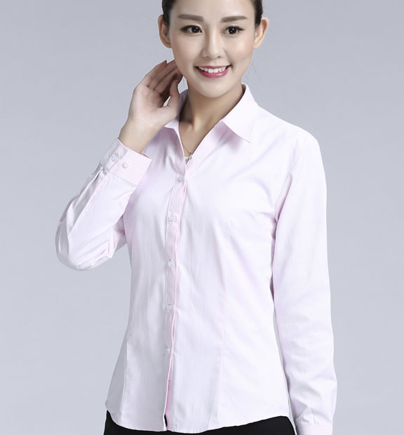 粉色斜紋女款滌棉翻領(lǐng)長(zhǎng)袖修身襯衫-1382#