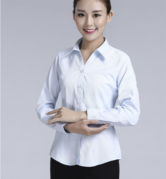 淺藍色斜紋女款滌棉翻領(lǐng)長袖修身襯衫-1383#