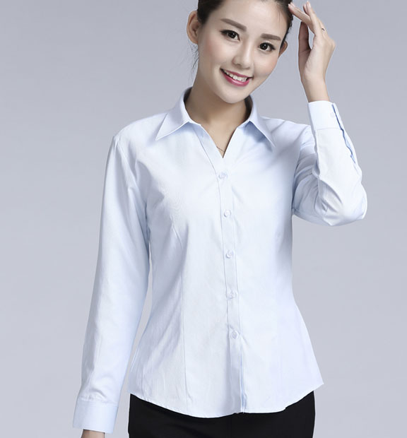 淺藍色斜紋女款滌棉翻領(lǐng)長袖修身襯衫-1383#