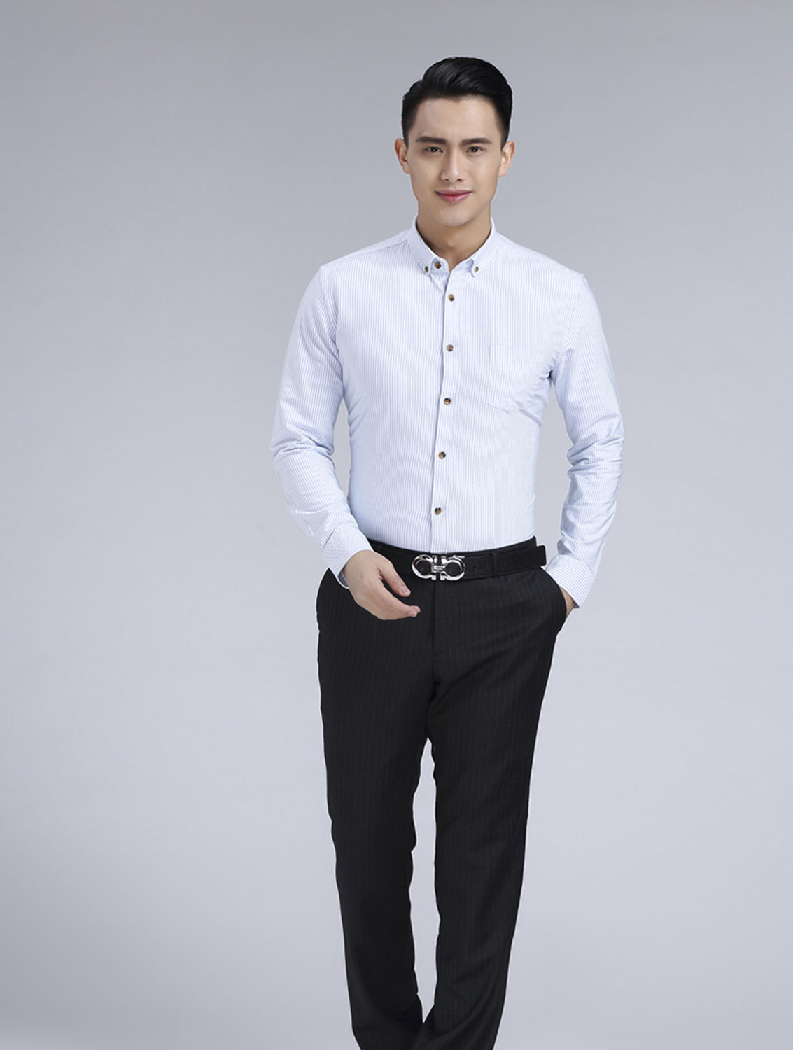 藍(lán)色條紋男款牛津紡翻領(lǐng)長(zhǎng)袖修身襯衫-59175#