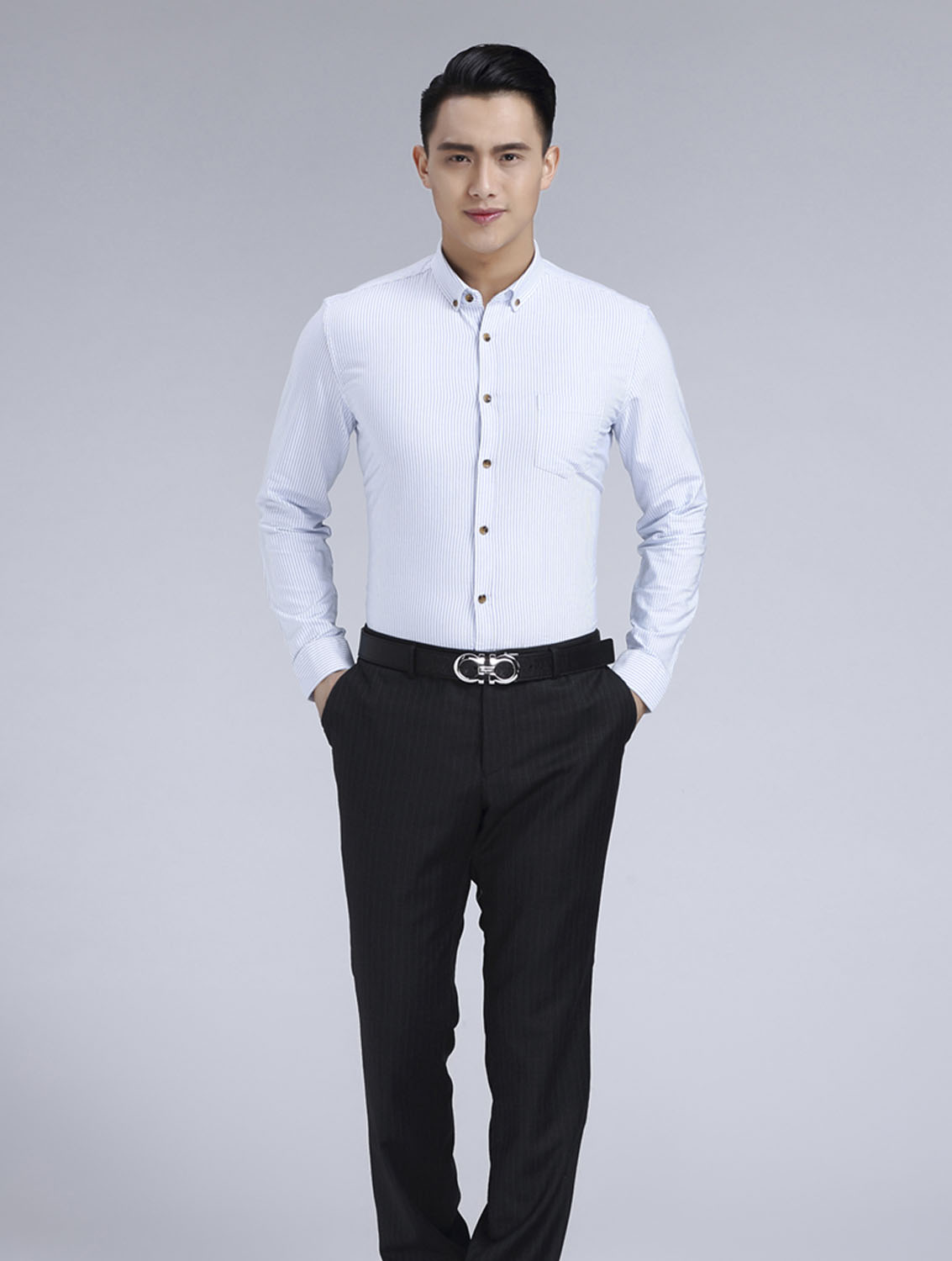 藍(lán)色條紋男款牛津紡翻領(lǐng)長(zhǎng)袖修身襯衫-59175#