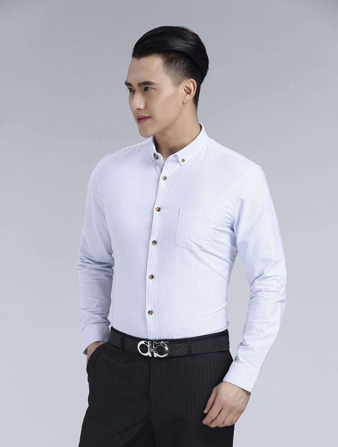 藍(lán)色條紋男款牛津紡翻領(lǐng)長(zhǎng)袖修身襯衫-59175#
