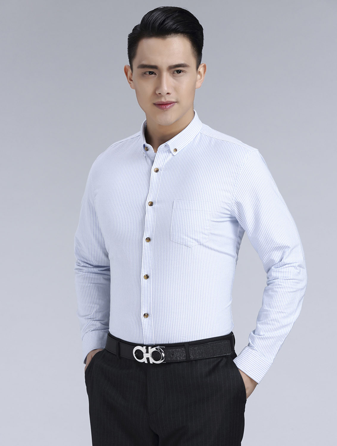 藍(lán)色條紋男款牛津紡翻領(lǐng)長(zhǎng)袖修身襯衫-59175#