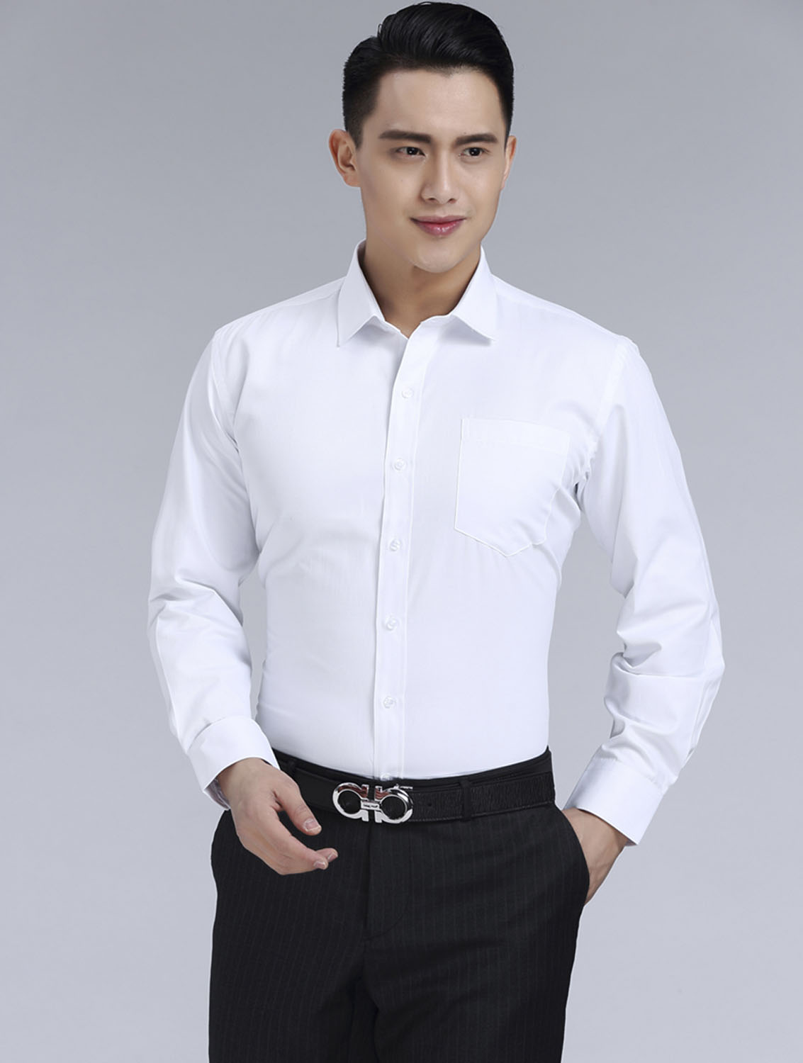 白色男款滌棉立領(lǐng)長袖修身襯衫-TR0201#
