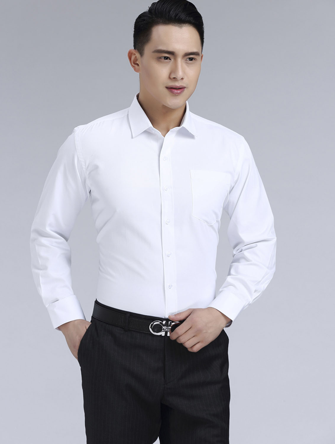 白色男款滌棉立領(lǐng)長袖修身襯衫-TR0201#