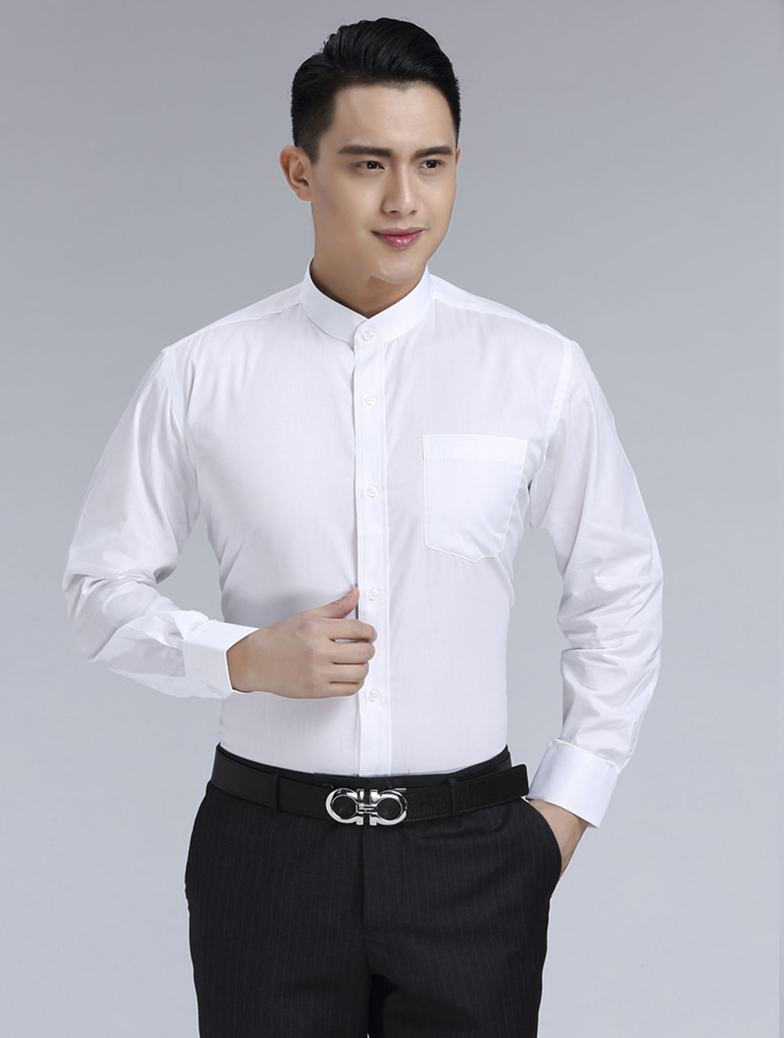 白色男款滌棉立領(lǐng)長袖修身襯衫-BL0071#