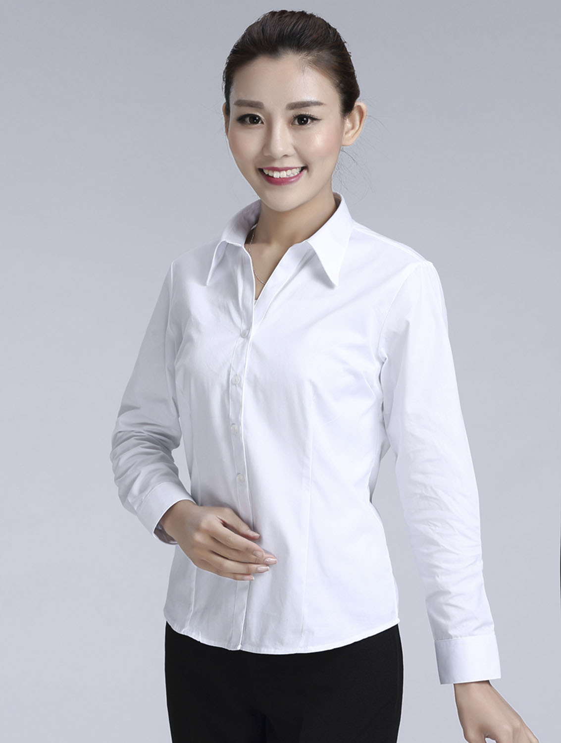 白色女款滌棉翻領(lǐng)長袖修身襯衫-0501#