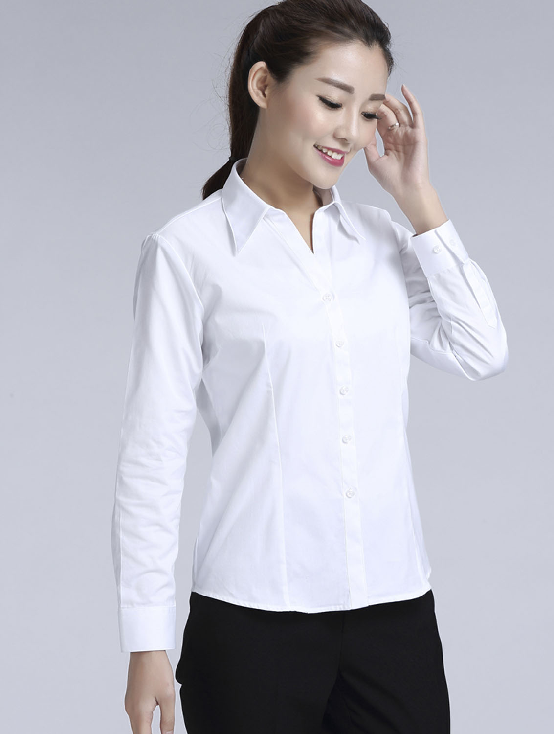 白色女款滌棉翻領(lǐng)長袖修身襯衫-0501#