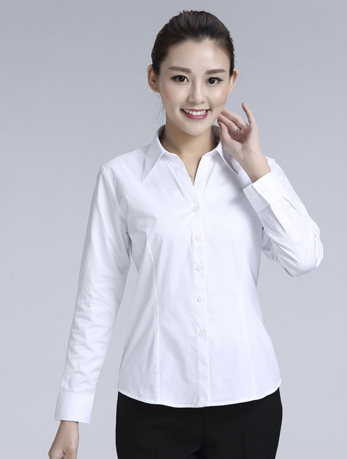 白色女款滌棉翻領(lǐng)長袖修身襯衫-0501#