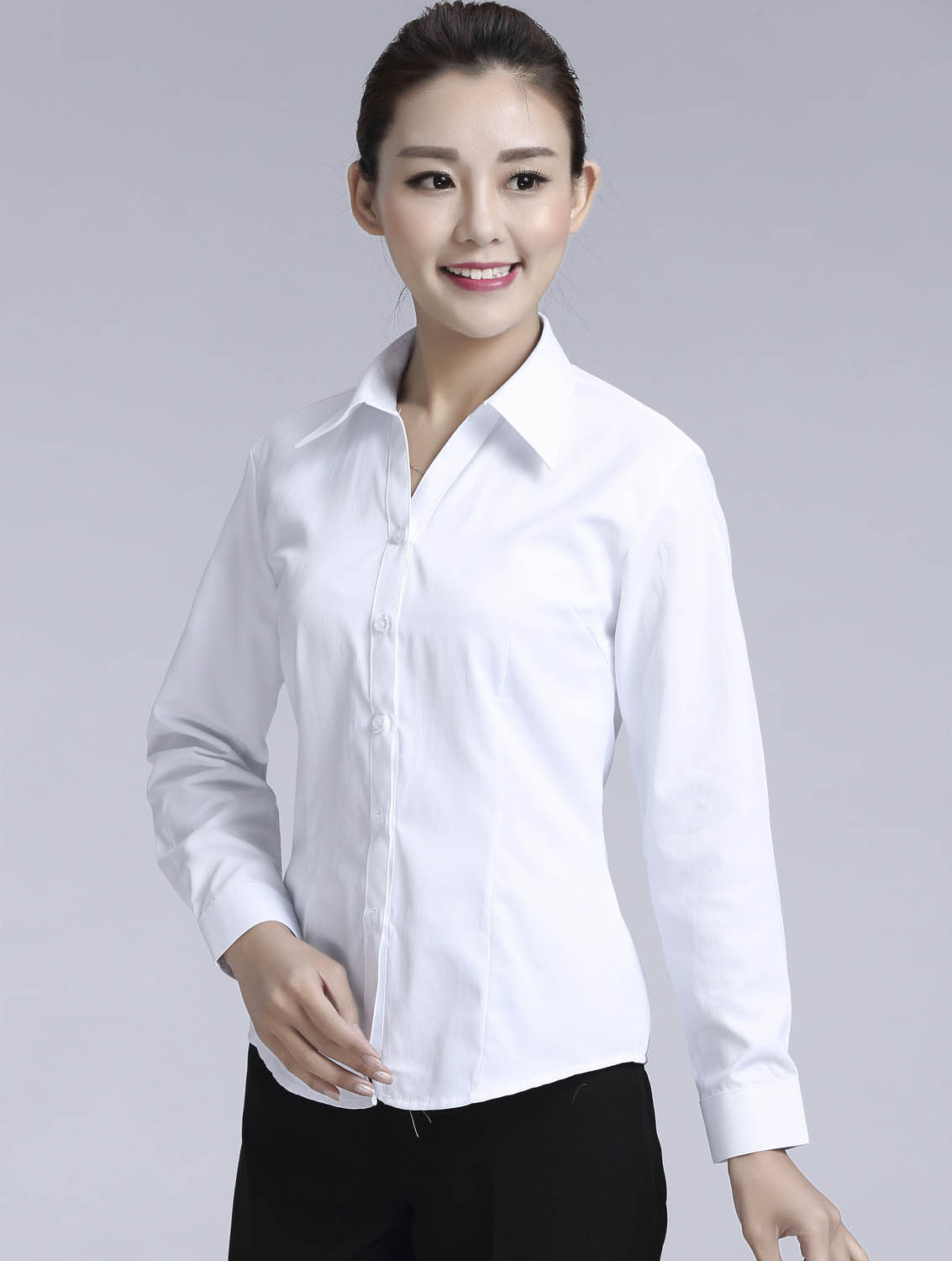 白色斜紋女款滌棉翻領(lǐng)長(zhǎng)袖修身襯衫-1381#