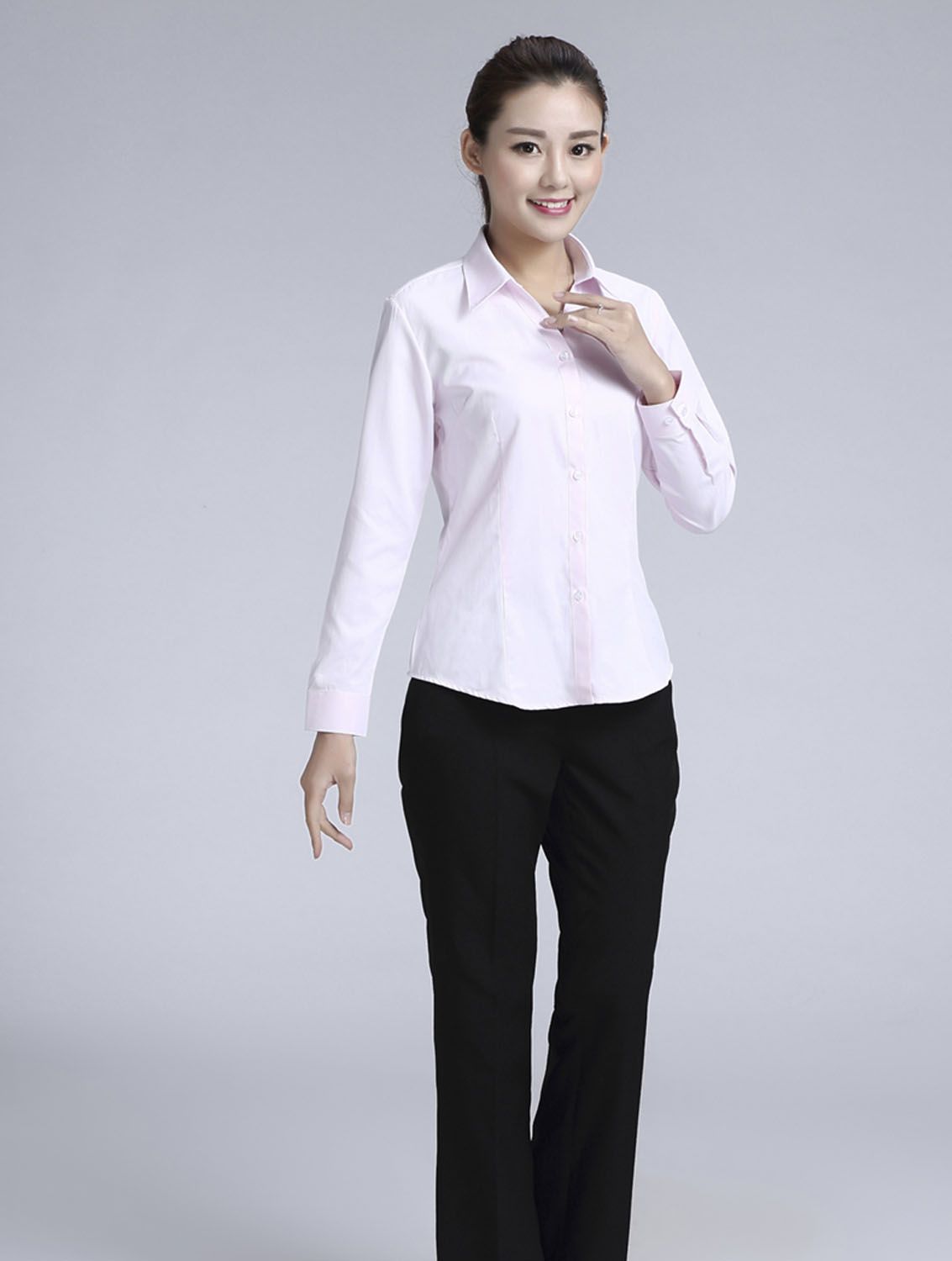 粉色斜紋女款滌棉翻領(lǐng)長(zhǎng)袖修身襯衫-1382#