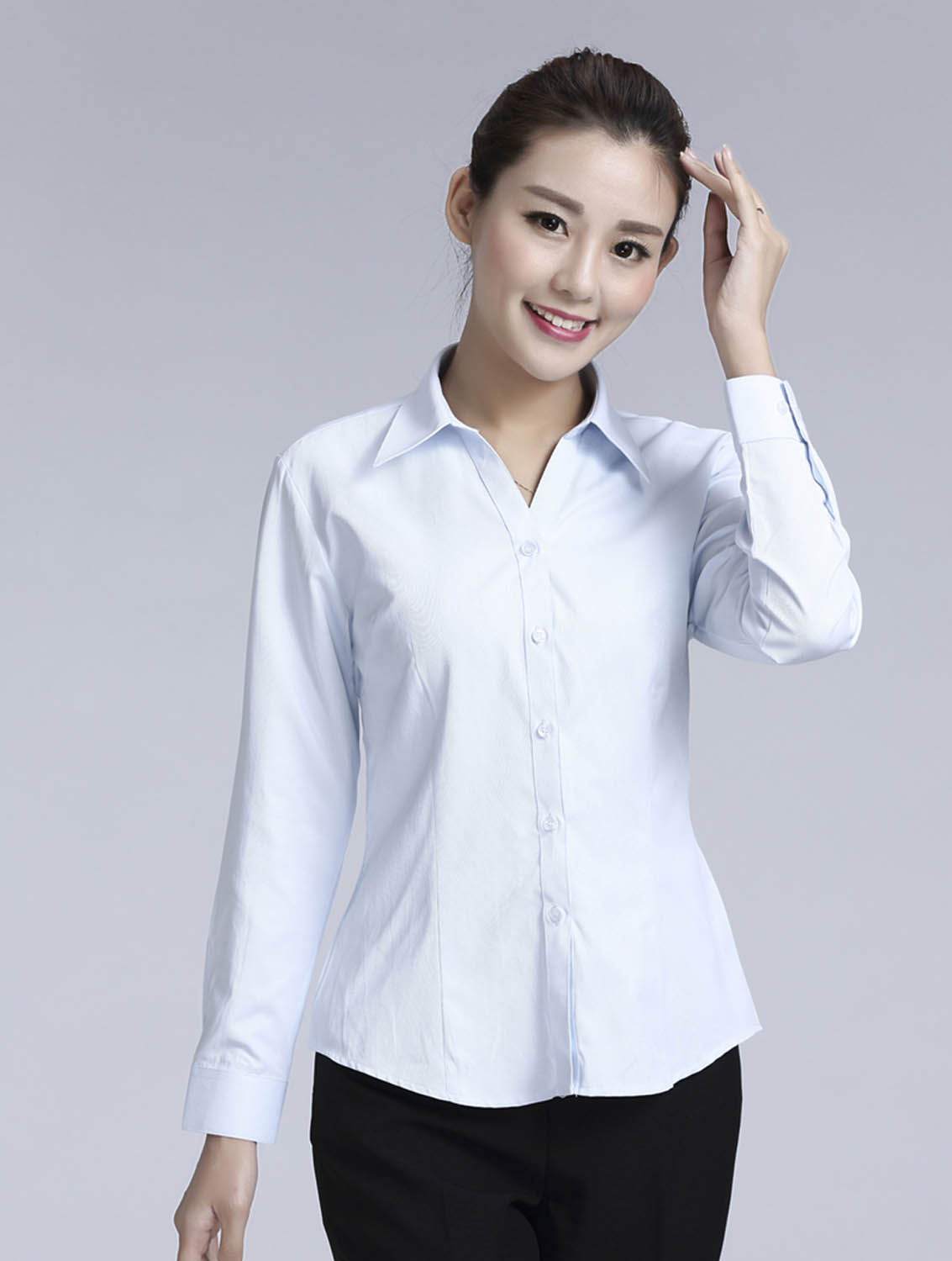 淺藍色斜紋女款滌棉翻領(lǐng)長袖修身襯衫-1383#