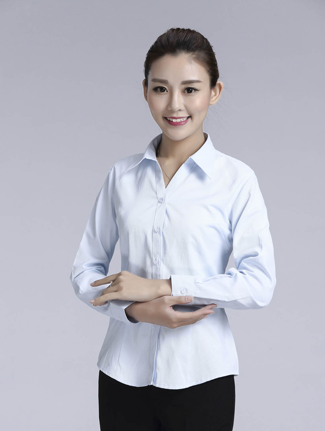 淺藍色斜紋女款滌棉翻領(lǐng)長袖修身襯衫-1383#