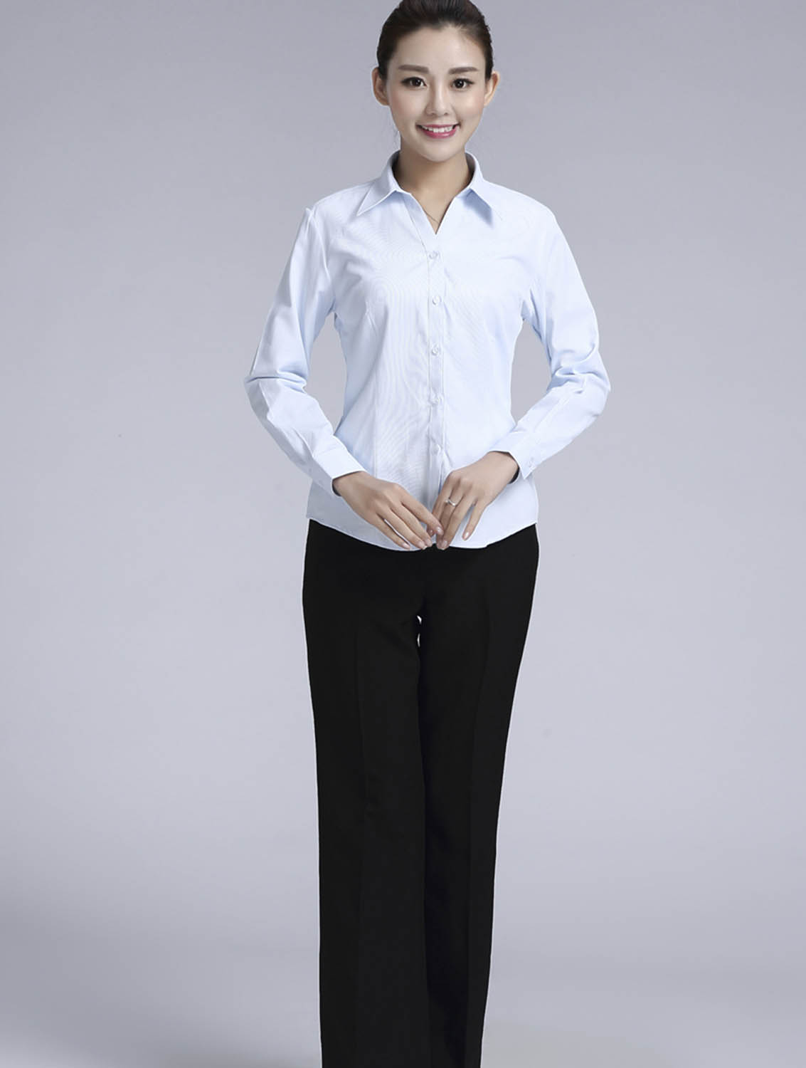 淺藍色斜紋女款滌棉翻領(lǐng)長袖修身襯衫-1383#