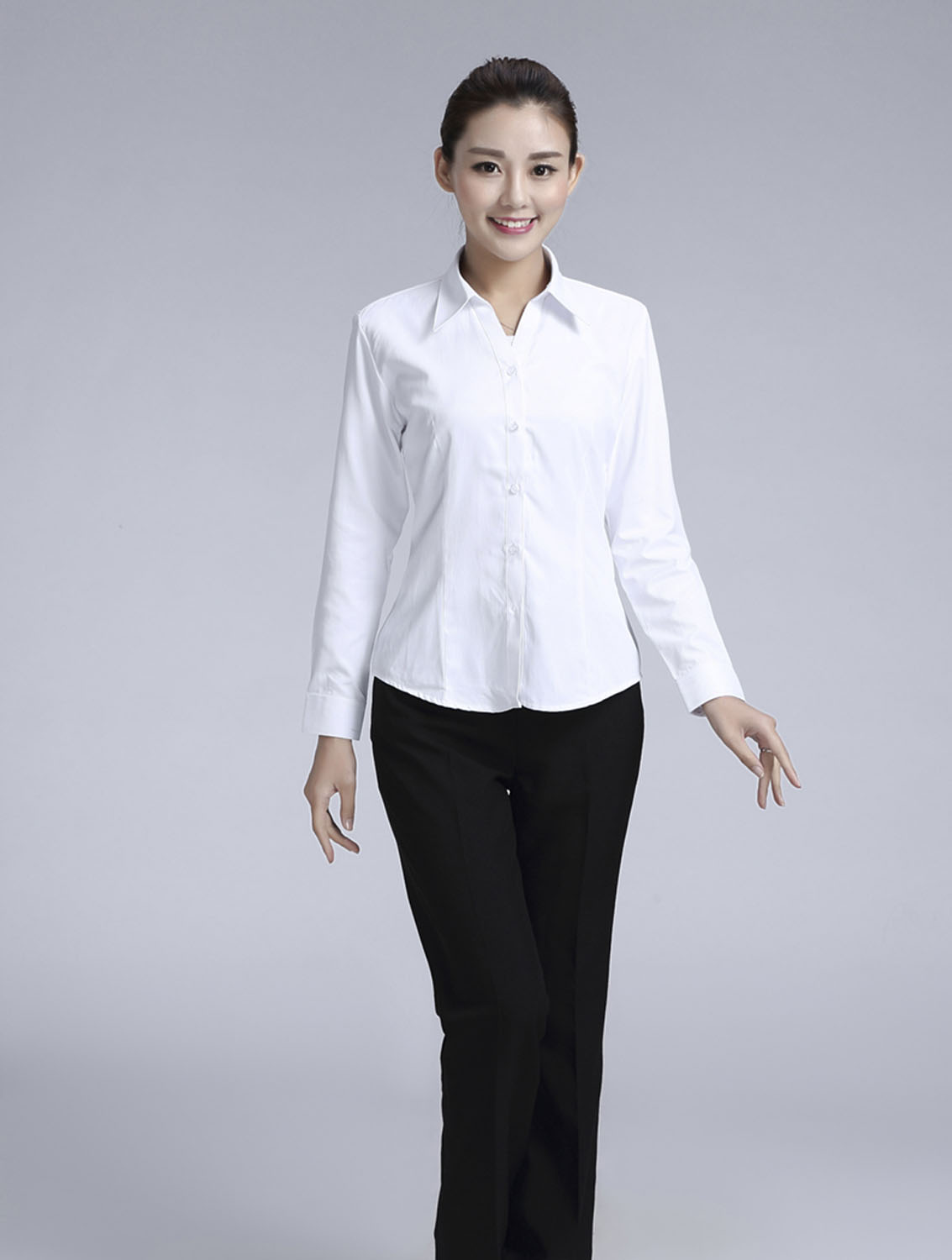 白色女款滌棉翻領(lǐng)長(zhǎng)袖修身襯衫-3016-1#
