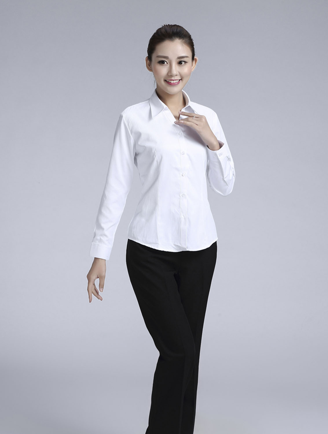 白色女款滌棉翻領(lǐng)長(zhǎng)袖修身襯衫-3016-1#