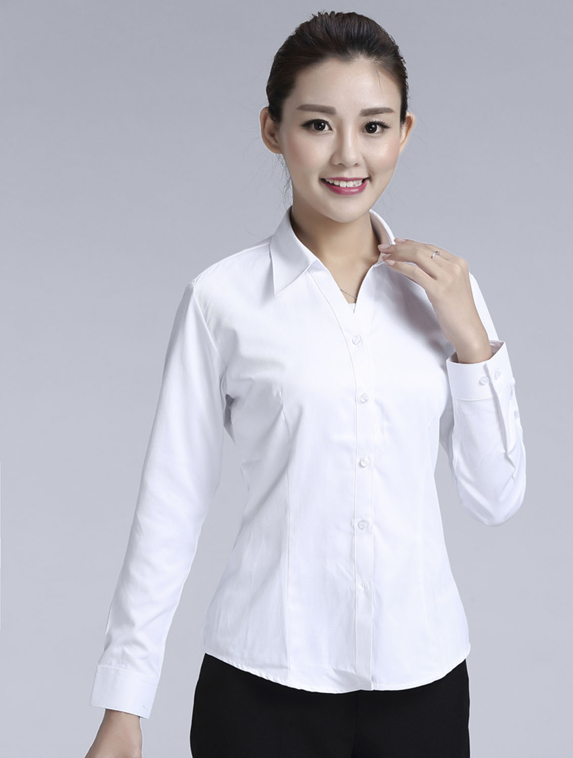 白色女款滌棉翻領(lǐng)長(zhǎng)袖修身襯衫-3016-1#