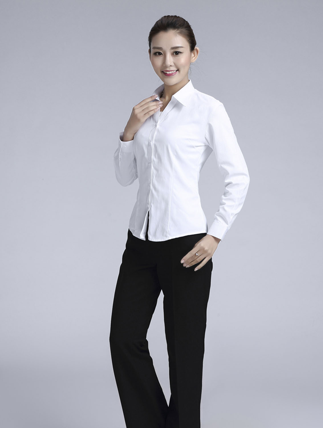 白色女款滌棉翻領(lǐng)長(zhǎng)袖修身襯衫-3016-1#