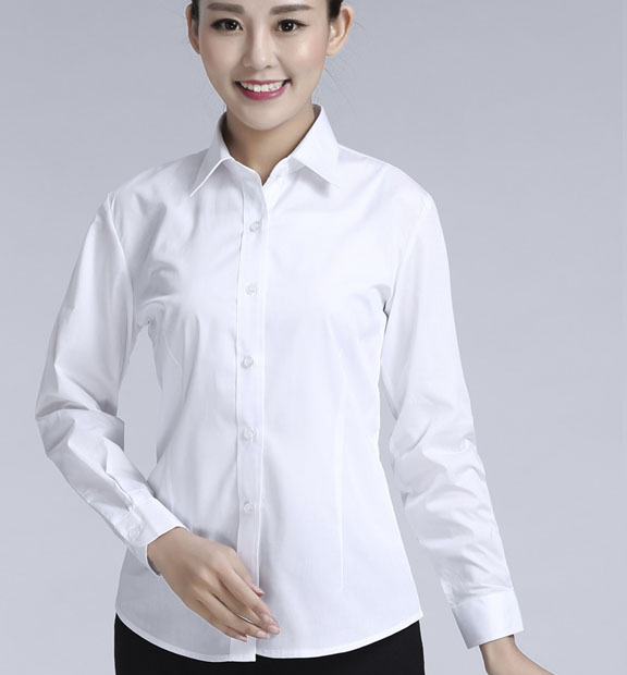 白色斜紋女款滌棉翻領(lǐng)長(zhǎng)袖修身襯衫-CVC021#