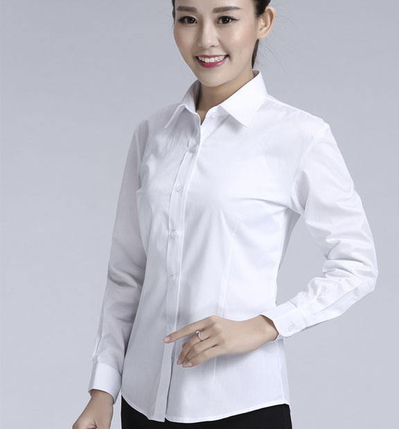 白色斜紋女款滌棉翻領(lǐng)長(zhǎng)袖修身襯衫-CVC021#