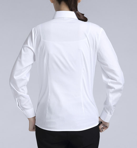 白色斜紋女款滌棉翻領(lǐng)長(zhǎng)袖修身襯衫-CVC021#