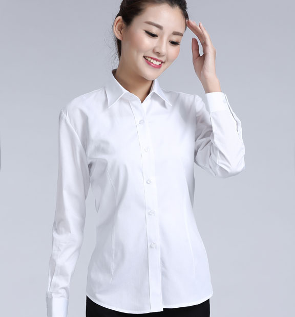 白色斜紋女款滌棉翻領(lǐng)長(zhǎng)袖修身襯衫-CVC021#
