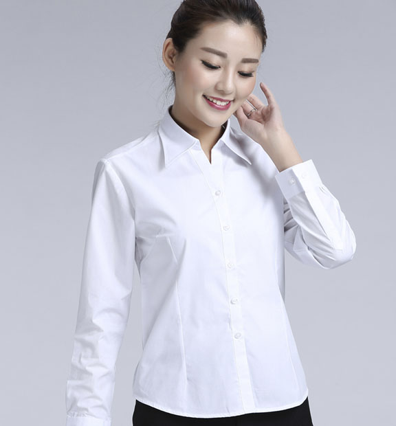 白色女款滌棉翻領(lǐng)長(zhǎng)袖修身襯衫-TR0201#