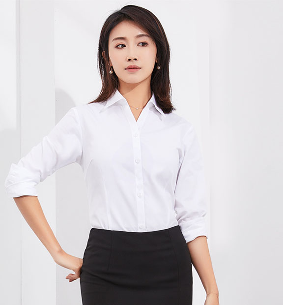 白色女款竹纖維抗皺翻領(lǐng)長袖修身襯衫-601#