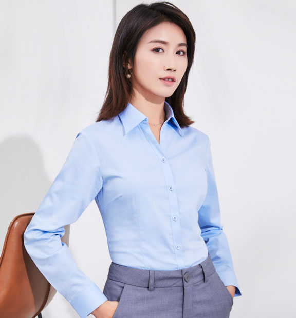 藍(lán)色女款竹纖維抗皺翻領(lǐng)長(zhǎng)袖修身襯衫-611#