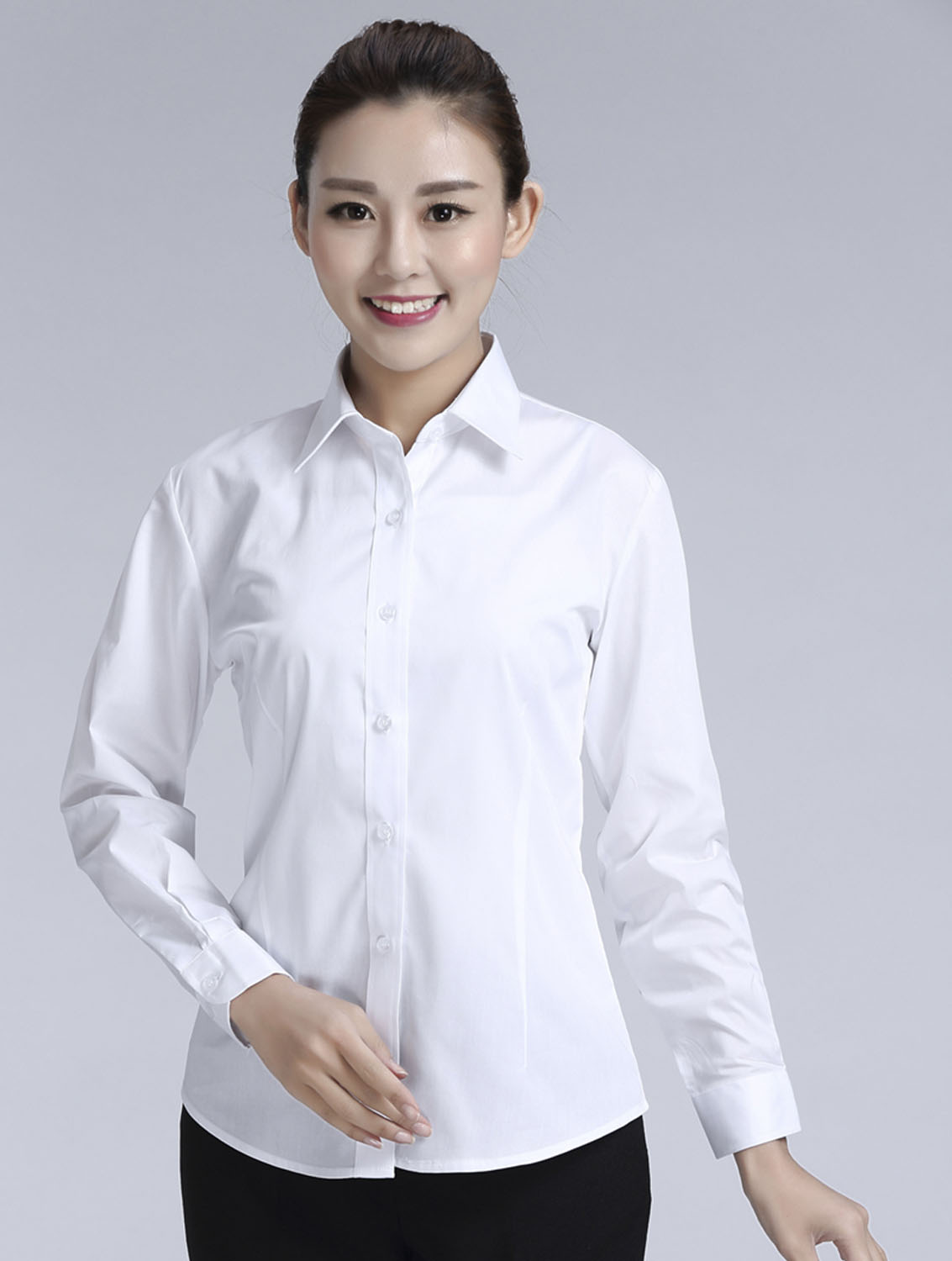 白色斜紋女款滌棉翻領(lǐng)長(zhǎng)袖修身襯衫-CVC021#