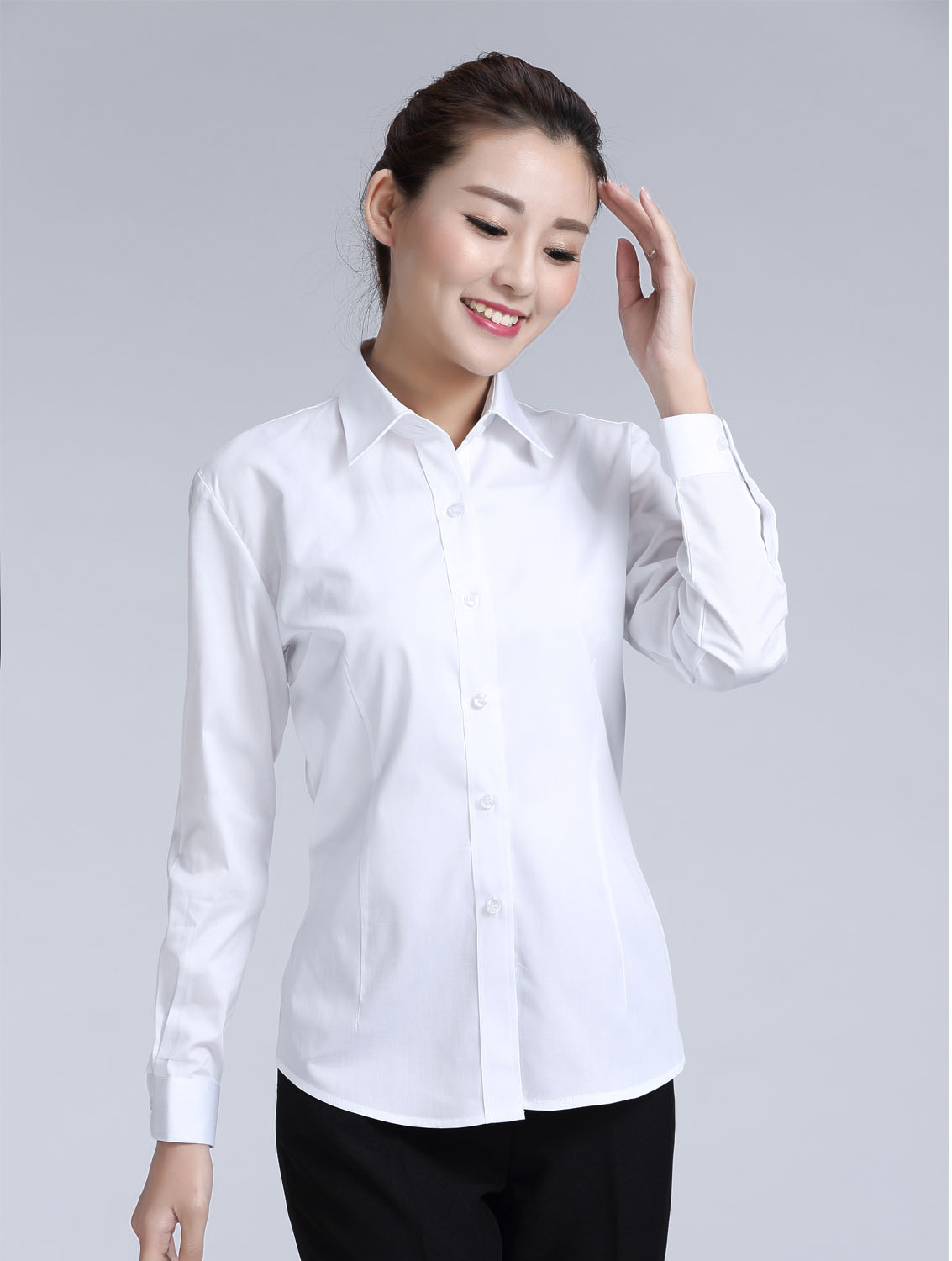白色斜紋女款滌棉翻領(lǐng)長(zhǎng)袖修身襯衫-CVC021#