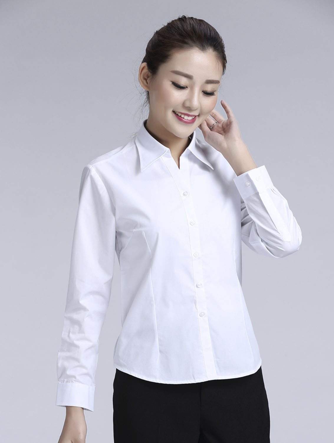 白色女款滌棉翻領(lǐng)長(zhǎng)袖修身襯衫-TR0201#