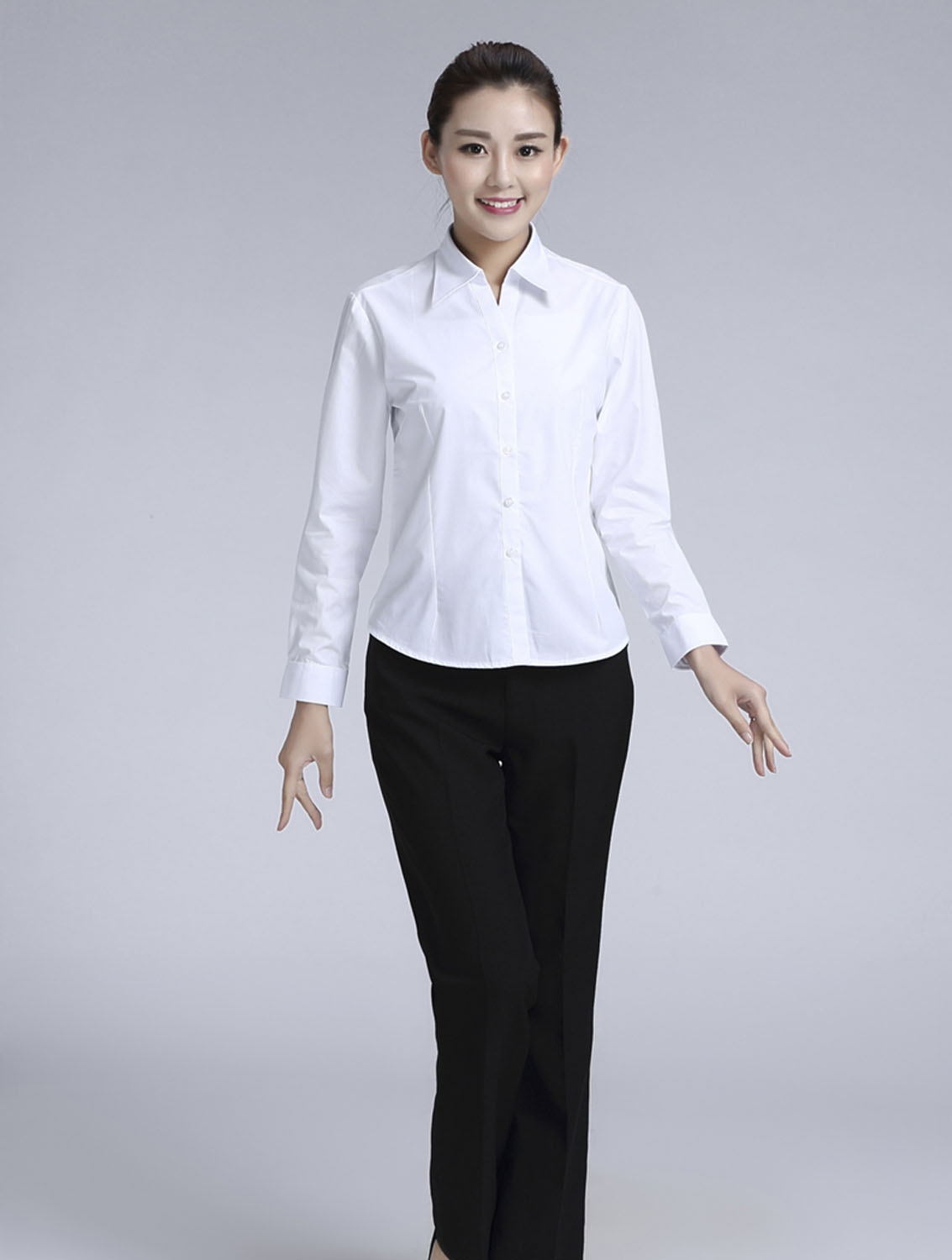 白色女款滌棉翻領(lǐng)長(zhǎng)袖修身襯衫-TR0201#